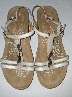 Dr Andrew Well Womens White T‑Bar Sandals with Snake-Print Accent